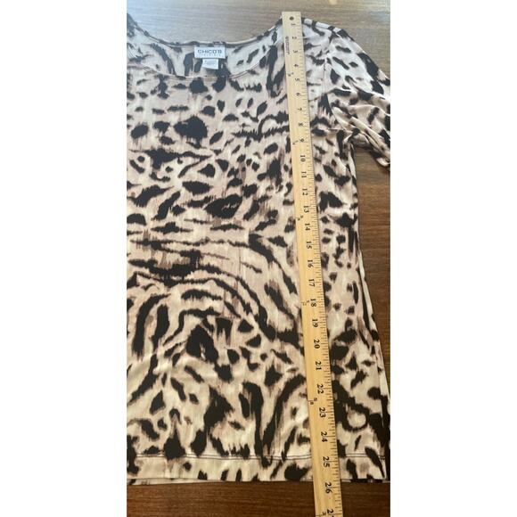Chico’s Travelers Black Ivory Tan Animal Print Short Gathered Sleeve Top Size 2 - Picture 5 of 7
